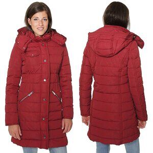 $260 DESIGUAL Size 42 US 8 Red Floral Embossed Padded Hooded Long Jacket Coat